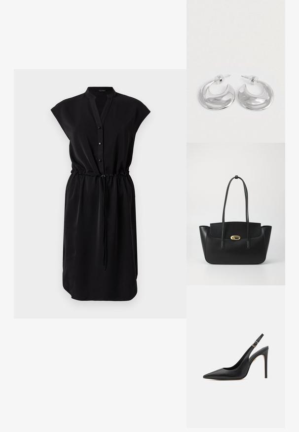 Robe noire sans manches, longueur genou, avec col mandarin, boutons sur le devant et taille réglable par cordon.; Escarpin en cuir noir à talon haut et ouvert à l'arrière, avec un bout pointu, un talon fin et une bride réglable à la cheville avec une boucle dorée.; Sac en cuir noir à bandoulière avec de longues sangles et un fermoir ovale doré sur fond gris clair uni.; Une paire de boucles d'oreilles en croissant argenté poli avec des supports en plastique transparent sur une surface blanche.