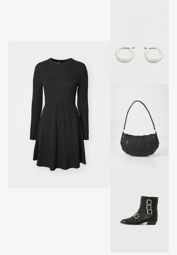 Dunkelgraues geripptes Strickkleid mit langen Ärmeln, rundem Ausschnitt, figurbetontem Oberteil und ausgestelltem Rock. Weicher Stoff, vielseitiges Design.; RAID COLE - Cowboy-/Bikerstiefelette - black; Schwarze Ledertasche mit geschwungenem Design, welligen Nahtdetails und einem silbernen Kettenriemen. Glatte текстура, kompakte Größe.; Silberne Creolen mit einem gedrehten Seildesign und einer Reihe klarer Steine am Rand. Glatte Textur mit glänzender Oberfläche.
