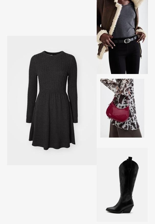 Dunkelgraues geripptes Strickkleid mit langen Ärmeln, rundem Ausschnitt, figurbetontem Oberteil und ausgestelltem Rock. Weicher Stoff, vielseitiges Design.; Schwarzer Leder-Cowboystiefel mit spitzer Zehe, schrägem Blockabsatz, dekorativer Naht und Zuglaschen oben vor weißem Hintergrund.; Frau trägt eine schwarz-weiß gemusterte Bluse und hält eine glänzende rote Schultertasche vor einem einfarbigen Hintergrund.; Braune mit Schaffell gefütterte Jacke, graues V-Ausschnitt-Shirt, schwarzer Gürtel mit ovaler silberner Schnalle, schwarze enge Jeans, strukturierte Materialien und geschichtetes Design.