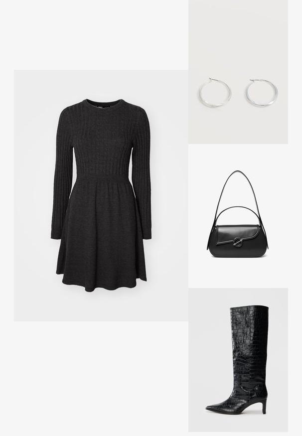 Dunkelgraues geripptes Strickkleid mit langen Ärmeln, rundem Ausschnitt, figurbetontem Oberteil und ausgestelltem Rock. Weicher Stoff, vielseitiges Design.; Schwarze kniehohe Stiefel mit glänzender, krokodilgeprägter Textur, spitzer Zehenpartie und schmalem Absatz. Glattes synthetisches Material.; Schwarze Lederschultertasche mit einer geschwungenen Klappe, die durch einen runden Metallverschluss gesichert ist, und einem schlanken, verstellbaren Riemen.; Silberne Metallcreolen mit glatter, leicht gebogener Oberfläche und Klappverschluss vor schlicht weißem Hintergrund.
