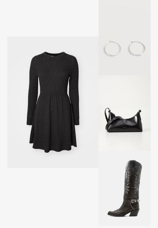 Dunkelgraues geripptes Strickkleid mit langen Ärmeln, rundem Ausschnitt, figurbetontem Oberteil und ausgestelltem Rock. Weicher Stoff, vielseitiges Design.; Schwarzer Leder-Cowboystiefel mit dekorativen Ausschnitten, silberner Schnalle und schräger Ferse, auf weißem Hintergrund dargestellt.; Schwarze lederne Handtasche mit glatter Textur. Verfügt über einen verstellbaren Riemen und ein elegantes, minimalistisches Design mit einem Reißverschluss.; Silberne Metallcreolen mit glatter, leicht gebogener Oberfläche und Klappverschluss vor schlicht weißem Hintergrund.