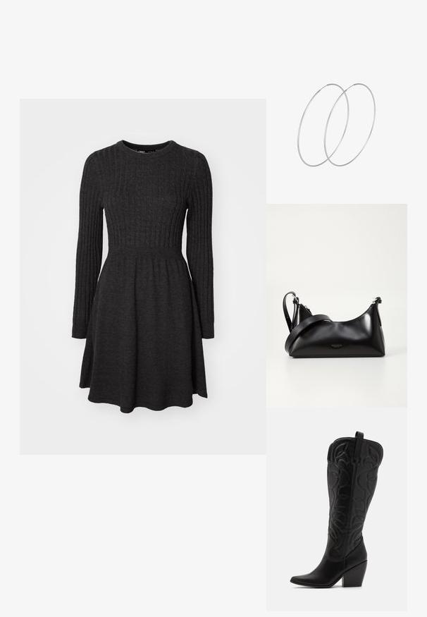 Dunkelgraues geripptes Strickkleid mit langen Ärmeln, rundem Ausschnitt, figurbetontem Oberteil und ausgestelltem Rock. Weicher Stoff, vielseitiges Design.; Schwarze kniehohe Stiefel aus Leder mit spitz zulaufender Zehenpartie und gestapeltem Absatz. Verfügt über dekorative Nähte und geschwungene Designelemente.; Schwarze lederne Handtasche mit glatter Textur. Verfügt über einen verstellbaren Riemen und ein elegantes, minimalistisches Design mit einem Reißverschluss.; Silberne Creolen mit minimalistischem Design. Rundform, glatte Oberfläche und dünnes Profil. Leichtgewichtig mit hochglänzender Oberfläche.