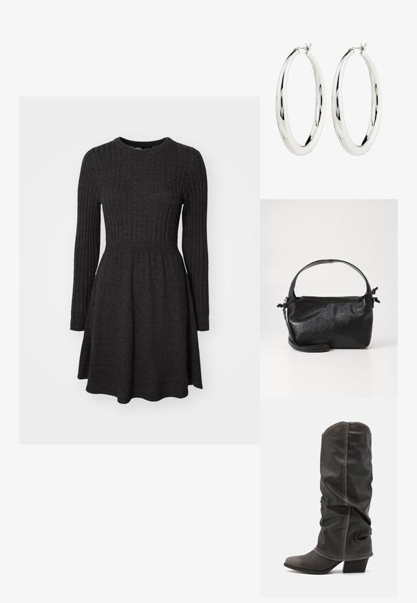 Mørkegrå ribstrikket kjole med lange ærmer, rund halsudskæring, tætsiddende overdel og udvidet skirt. Blød tekstur, alsidigt design.; Grå læder støvler op til læggen med et slouchy design, spidse tæer og stablet hæl. Bemærkelsesværdig syning detalje ved tåområdet.; Sort læderhåndtaske med et struktureret design, rund tophåndtag og aftagelig skulderrem. Den har en glat tekstur og en subtil glans.; Sølv hoops øreringe med en glat, reflekterende overflade. Rund, stor form med en sikker lås øverst. Den polerede finish fremhæver glansen.