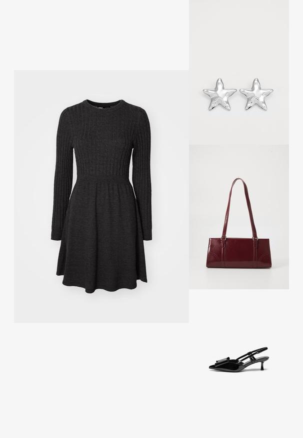 Robe en tricot côtelé gris foncé avec des manches longues, un col rond, un corsage ajusté et une jupe évasée. Texture douce, design polyvalent.; Talons aiguilles en cuir verni noir avec un bout pointu, un détail en nœud à l'avant et un petit talon stiletto. Les brides sont équipées de boucles ajustables.; Sac à main bordeaux en matériau brillant, de forme rectangulaire, avec deux anses et des accents légèrement courbés à l'avant.; Boucles d'oreilles argentées en forme d'étoile, avec une surface lisse et brillante. Chaque boucle d'oreille possède cinq pointes et des détails subtils de texture de surface.