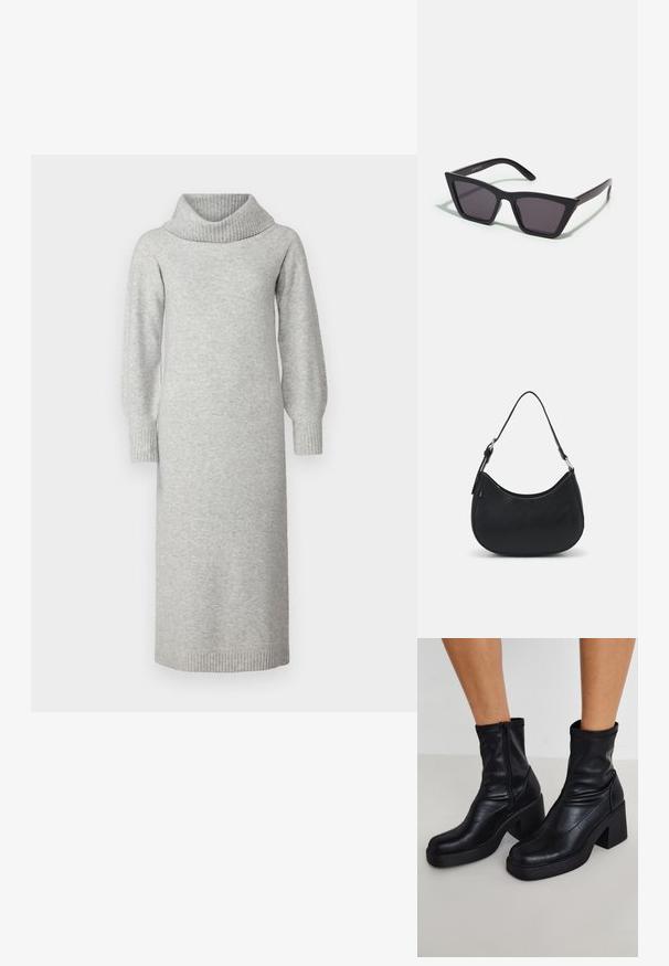 Vestido de punto gris con cuello de barco, mangas largas abullonadas y puños y dobladillo acanalados. El tejido parece suave y texturizado.; Botas de tobillo de cuero negro con un alto tacón cuadrado, con cremallera lateral, textura suave y diseño de punta afinada.; Gafas de sol negras y angulares con lentes grises; fabricadas en plástico, con varillas gruesas de superficie suave y sin herrajes visibles.; Bolso hobo negro hecho de cuero suave con una silueta curva, que cuenta con una sola correa ajustable y detalles de diseño minimalistas.