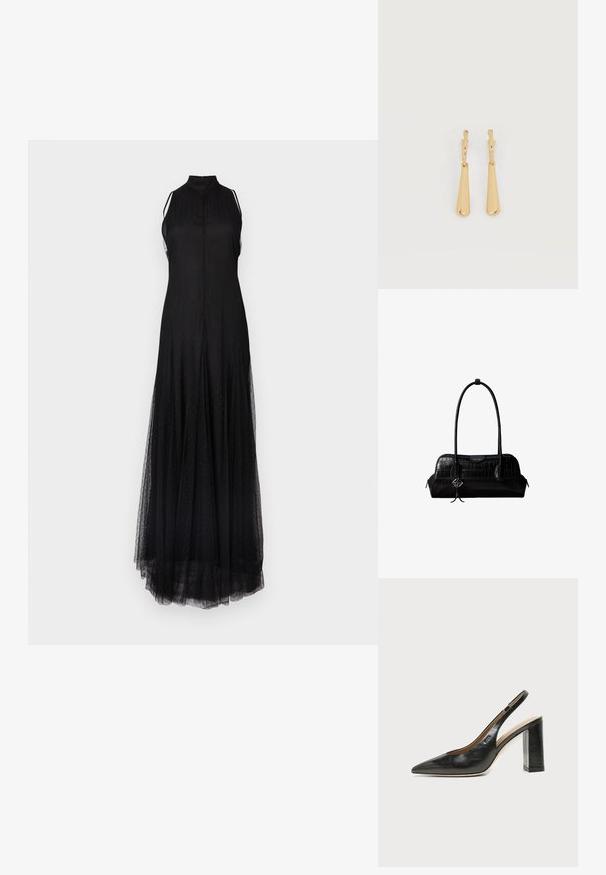Lang sort kjole med høj halsudskæring, ærmeløs design og gennemsigtigt tyl-overflade. Har et diskret teksturmønster over det hele.; Sort læder peep-toe slingback sko med høj blokhæl og beige indvendig foring mod en ensfarvet lys baggrund.; Sort skuldertaske i krokodillelæder med lange stropper og lille sølvlogo-charm på den ene strop.; Øreringe i guldfarvet metal med glatte, aflangt dråbeformede vedhæng, der hænger fra små creol-låse på en hvid baggrund.