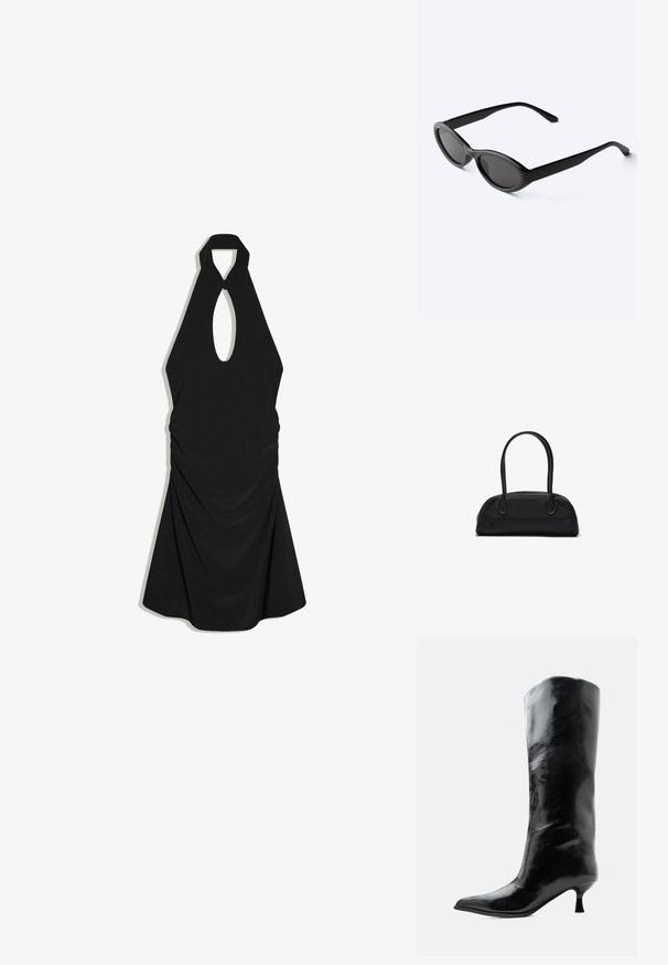 Robe noire à col licou avec découpe clé à l'avant et détails en tissu drapé, longueur genou avec silhouette trapèze.; Botte en cuir noire brillante, haute jusqu'au genou, avec bout pointu et talon bas courbé sur un fond clair uni.; Lunettes de soleil ovales noires et élégantes avec des verres foncés et des branches droites, posées sur une surface blanche.; Sac à main en cuir noir avec des poignées longues et arrondies et un corps rectangulaire incurvé, doté d'une fermeture éclair supérieure.