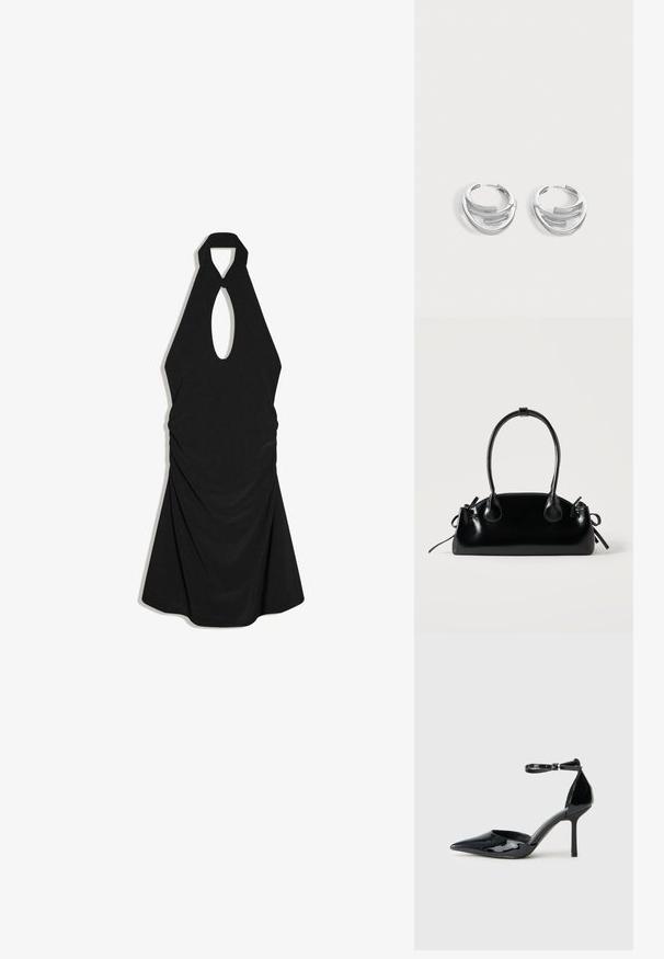 Schwarzes Neckholderkleid mit vorderem Schlüssellochausschnitt und drapierten Stoffdetails, knielang mit A-Linien-Silhouette.; Schwarzer patentierter Lederpumps mit spitzem Zehenbereich, Knöchelriemen und schlankem Stiletto-Absatz; glatte, glänzende Textur und minimalistisches Design.; Kleine schwarze glänzende Handtasche mit zwei langen Griffen und seitlichen Kordelzug-Details vor einfachem hellem Hintergrund.; Paar polierte silberne Creolen mit geschichtetem, gebogenem Stabdesign auf einem einfarbigen hellen Hintergrund.