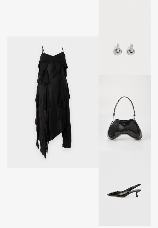 Robe noire à fines bretelles, avec des volants superposés et un ourlet asymétrique. Confectionnée dans un tissu léger au toucher doux.; Escarpins à talons slingback en cuir verni noir avec bout pointu, surface texturée et petit talon. Intérieur avec une doublure à motifs et texte.; Sac à main en cuir verni noir avec une forme incurvée unique, une anse courte et ajustable, et une fermeture zippée. Texture lisse avec un branding discret.; Paire de petites boucles d'oreilles créoles argentées brillantes avec une base ronde, présentées sur un fond clair uni.
