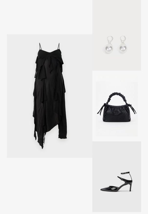 Robe noire à fines bretelles, avec des volants superposés et un ourlet asymétrique. Confectionnée dans un tissu léger au toucher doux.; Talons en cuir verni noir avec un bout pointu, des sangles de cheville ajustables et un talon fin. Texture lisse avec une finition brillante.; Sac à main noir avec texture crocodile, bord supérieur froncé, poignée plissée et pompons à cordon de chaque côté sur fond blanc.; Boucles d'oreilles en argent en forme de goutte avec des surfaces lisses, rondes et réfléchissantes, suspendues à des fermoirs à ressort. L'arrière-plan est blanc uni.