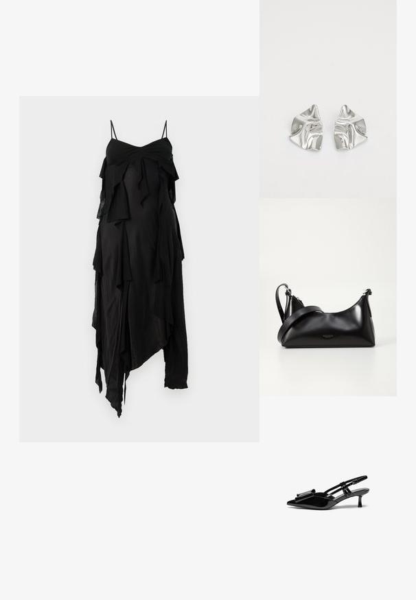 Zwarte jurk met dunne bandjes, voorzien van gelaagde ruffles en een asymmetrische zoom. Gemaakt van een lichte stof met een gladde textuur.; Zwarte gepatineerde lederen slingback hakken met een puntige neus, een strikdetail aan de voorkant en een kleine stilettohak. De bandjes hebben verstelbare gespen.; Zwarte leren handtas met een gladde textuur. Beschikt over een verstelbare schouderband en een strak, minimalistisch ontwerp met een ritssluiting.; Zilveren metalen oorbellen met een golvend, sculpturaal ontwerp, voorzien van een gepolijste afwerking en onregelmatige vormen, die een hedendaagse esthetiek benadrukken.