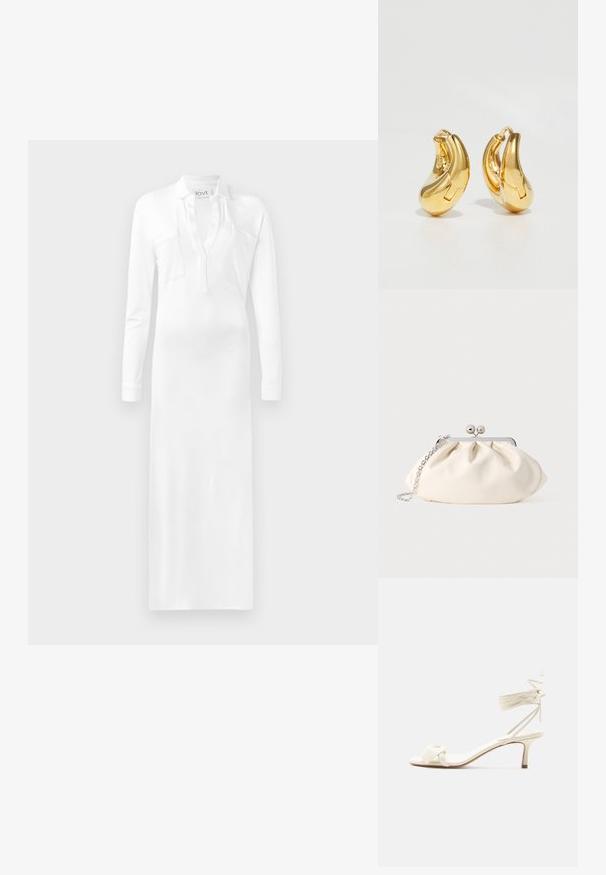 Robe blanche à manches longues avec un col et deux poches poitrine, fabriquée en tissu lisse qui tombe jusqu'au sol. Comprend une ouverture à patte.; Sandale à talon bas de couleur crème avec des liens à nouer autour de la cheville et une large bride torsadée sur les orteils, sur un fond blanc uni.; Pochette en tissu crème avec un design froncé, cadre en métal argenté, deux boules décoratives, et une bandoulière chaîne argentée.; Boucles d'oreilles en or en forme de d'anneaux lisses et courbés avec une finition polie. Équipées d'un mécanisme de fermeture et de légères indentations pour le détail.