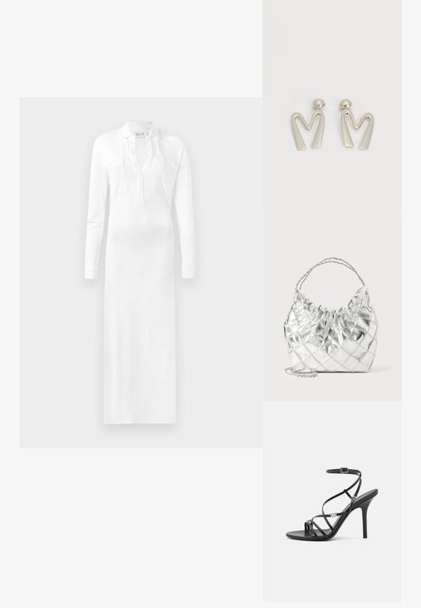 Robe blanche à manches longues avec un col et deux poches poitrine, fabriquée en tissu lisse qui tombe jusqu'au sol. Comprend une ouverture à patte.; Sandale noire à talons hauts avec des brides fines, une boucle à la cheville, une surface en cuir lisse et un talon aiguille élancé.; Sac à main en métal argenté matelassé avec un bord supérieur froncé et double poignées en chaîne sur fond blanc.; Paire de boucles d'oreilles en métal argenté en forme de lettre M angulaire avec des tiges arrondies sur fond blanc.