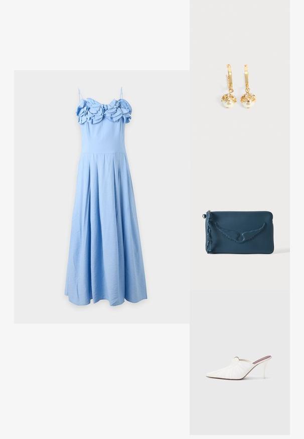 Light blue sleeveless maxi dress with thin straps and layered ruffle detailing on the fitted bodice, flowing skirt below the waist.; White mules with a pointed toe, pleated texture on the upper, and a slim stiletto heel. Smooth surface and minimalistic design.; Blue leather zippered clutch with embossed wing design and braided leather pull tab on a plain background.; Gold hoop earrings with dangling white pearls encased in gold and small clear crystals on a plain light background.