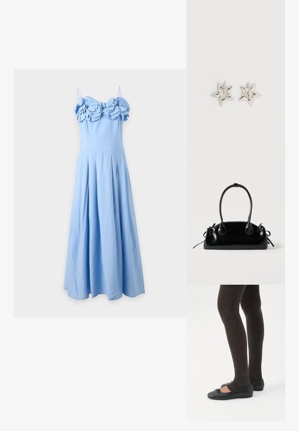 Light blue sleeveless maxi dress with thin straps and layered ruffle detailing on the fitted bodice, flowing skirt below the waist.; Legs wearing dark ribbed leggings paired with black ballet flats featuring small bow details on a white background.; Small black glossy handbag with two long handles and side drawstring details on a plain light background.; Silver star-shaped hoop earrings with a smooth, polished finish on a plain white background.