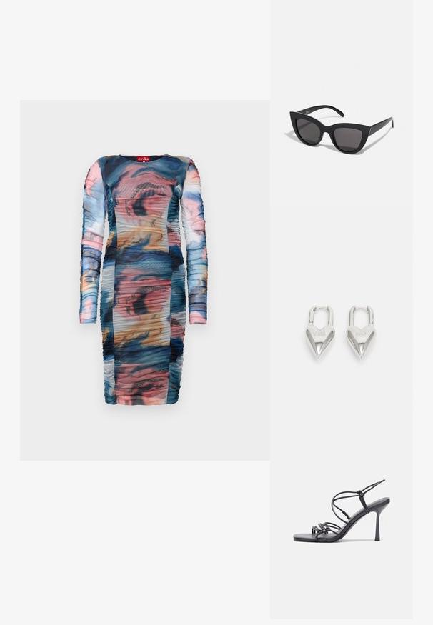 Vestido de manga larga con un patrón abstracto multicolor y fruncidos. Hecho de una tela suave y transparente con toques brillantes.; Las sandalias negras de tacón alto presentan finas correas con un diseño anudado, una punta cuadrada suave y un elegante tacón de aguja.; Gafas de sol negras en forma de ojo de gato con un acabado mate, que presentan lentes ahumados grises, ángulos pronunciados y brazos laterales elegantes. Nombre de la marca visible en el interior del brazo.; Candados en forma de corazón de plata con inscripciones grabadas de "SÍ" y "NO", acabado pulido, diseño simétrico y un robusto cierre de metal.