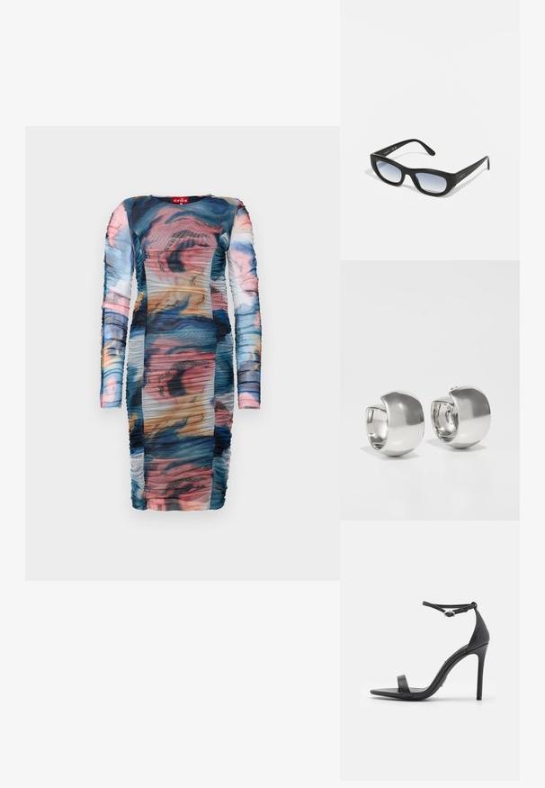 Vestido de manga larga con un patrón abstracto multicolor y fruncidos. Hecho de una tela suave y transparente con toques brillantes.; Sandalias de tacón alto negras con punta abierta, tiras delgadas y hebilla en el tobillo. Textura de cuero suave con un diseño de punta afilada.; Gafas de sol negras con un marco robusto, forma rectangular y lentes degradados. Presentan el nombre de la marca "vogue" en la patilla.; Uncommon Matters SCULPTURAL LARGE CREOLE - Pendientes - silver-coloured