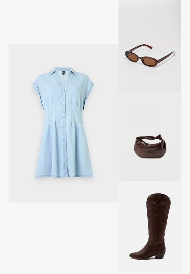 Robe courte en denim bleu clair à manches courtes avec des boutons sur le devant, un col et une jupe légèrement évasée.; Botte de cowboy haute en cuir marron avec des coutures détaillées, un bout pointu et un talon bloc sur un fond clair uni.; Lunettes de soleil rondes teinte brun avec une monture bordeaux brillante. Branches fines avec un détail de marque subtil. Design de verres plats.; Sac bandoulière en cuir marron foncé avec une forme souple et décontractée et une anse nouée torsadée sur un fond blanc uni.