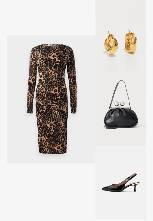 Langsleeve, jurk tot de knie met gerimpelde taille in bruine en zwarte luipaardprint stof.; Zwarte lakleren slingback pump met puntige neus en lage kittenheel op een eenvoudige witte achtergrond.; Zwarte leren handtas met een geplooid ontwerp, een enkele schouderband, zilverkleurige metalen omlijsting en twee grote ronde zilveren sluitingen.; Dik gouden creolen met een licht gedraaide, buisvormige ontwerp en een schroefsluiting op een witte achtergrond.