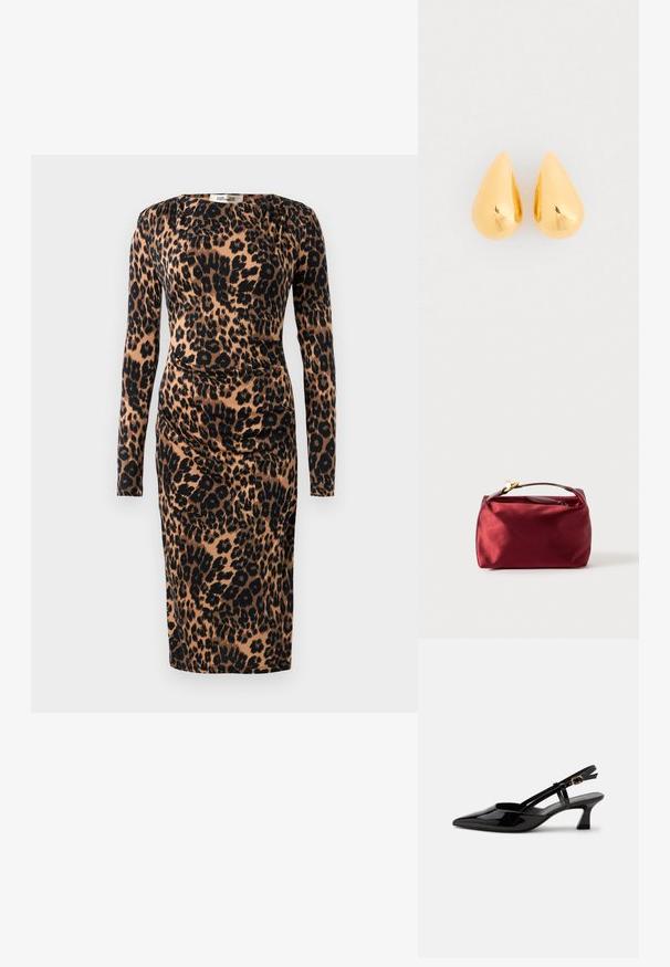 Langsleeve, jurk tot de knie met gerimpelde taille in bruine en zwarte luipaardprint stof.; Zwarte lakleren slingback kitten heel schoen met spitse neus en verstelbare gouden gespsluiting op een witte achtergrond.; Bordeaux satijnen cosmetica tas met een rechthoekige vorm, ritssluiting en een kort handvat. Beschikt over een minimalistisch ontwerp en een gladde textuur.; Gouden druppelvormige oorbellen met een gladde, gepolijste oppervlakte en ronde onderkanten, die het licht weerkaatsen met een glanzende afwerking.