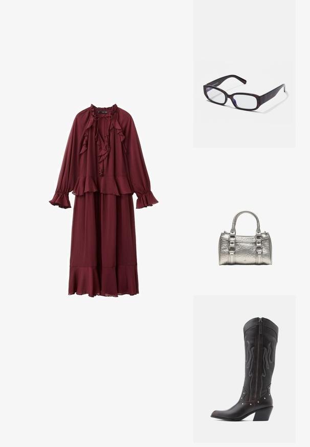 Robe bordeaux à manches longues avec col, poignets et ourlet à volants, dotée d'un détail noué au col et d'une taille à basque superposée.; Bottes de cowboy en cuir marron avec surpiqûres en forme de flammes, fermeture éclair latérale, clous argentés, bout pointu et talon superposé.; Lunettes rectangulaires en écaille de tortue brune avec des verres transparents et des branches épurées, présentant une texture lisse et un design minimaliste.; Petit sac à main argenté métallique avec deux poignées, anneaux décoratifs et surface texturée, posé sur un fond blanc.