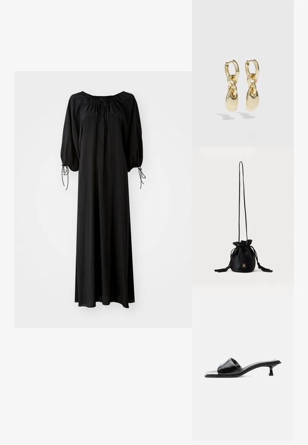 Robe longue noire avec des manches larges et un décolleté arrondi. Présente des liens à coulisse au niveau du cou et des poignets. Fabriquée en tissu léger et lisse.; Mule ouverte en cuir verni noir avec un petit talon kitten bas et une large bride sur les orteils, présentée en profil sur un fond uni.; Sac seau noir à cordon avec une longue sangle fine et un petit logo carré doré sur le devant, présenté sur un fond uni.; Boucles d'oreilles en or en forme de créoles, avec un design en maillons et des accents lisses en forme de goutte d'eau. Fini réfléchissant qui améliore l'attrait visuel.
