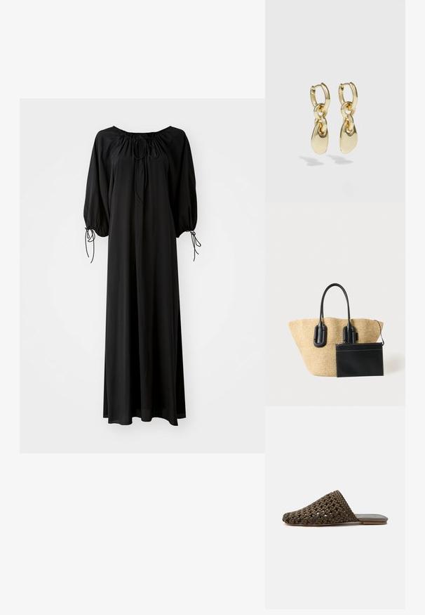 Robe longue noire avec des manches larges et un décolleté arrondi. Présente des liens à coulisse au niveau du cou et des poignets. Fabriquée en tissu léger et lisse.; Mule tissée marron à enfiler avec une semelle plate et un bout fermé arrondi sur fond blanc.; Sac fourre-tout tissé beige avec des poignées en cuir noir et une pochette noire en cuir amovible attachée à l'avant.; Boucles d'oreilles en or en forme de créoles, avec un design en maillons et des accents lisses en forme de goutte d'eau. Fini réfléchissant qui améliore l'attrait visuel.