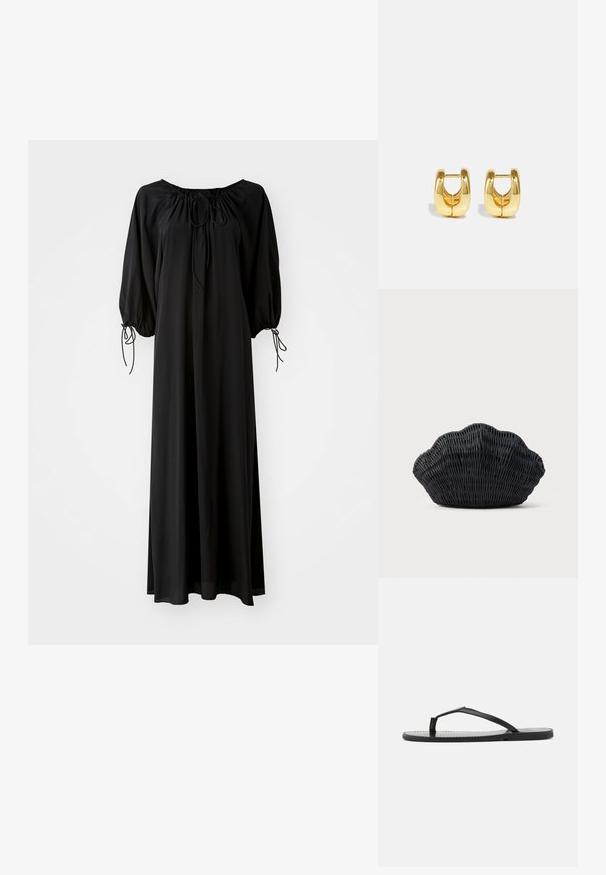 Robe longue noire avec des manches larges et un décolleté arrondi. Présente des liens à coulisse au niveau du cou et des poignets. Fabriquée en tissu léger et lisse.; Tongs noires au design minimaliste, avec des sangles fines et une semelle plate. Le matériau semble être du plastique avec une texture lisse.; Sac à main en osier noir en forme de coquille Saint-Jacques avec un dessus courbé et une texture tressée sur un fond uni.; Boucles d'oreilles en or avec un design élégant et arrondi. Présentent un centre creux et une surface brillante, complétant les styles modernes.