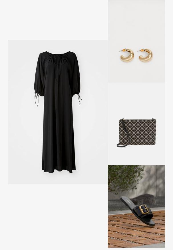 Robe longue noire avec des manches larges et un décolleté arrondi. Présente des liens à coulisse au niveau du cou et des poignets. Fabriquée en tissu léger et lisse.; Sandale noire à bride large avec une grande boucle dorée reposant sur un sol en carreaux de bois avec une plante verte et un mur gris en arrière-plan.; Sac à main noir et beige à motif, de forme rectangulaire, avec un design en croix, une fermeture éclair et une bandoulière noire amovible.; Deux boucles d'oreilles en forme de cerceau en or brillant, avec un design courbé, présentant des accents orange près de la tige, sur fond blanc uni.