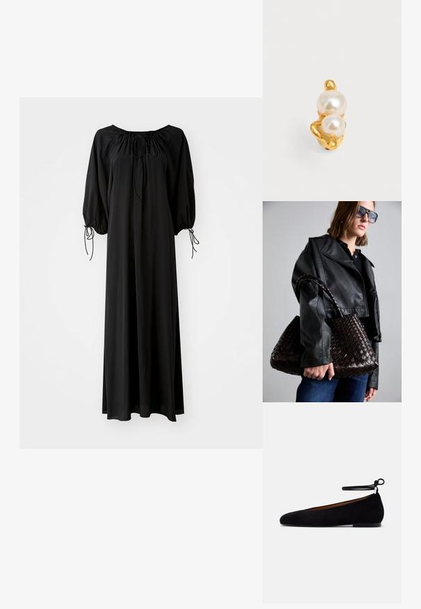 Robe longue noire avec des manches larges et un décolleté arrondi. Présente des liens à coulisse au niveau du cou et des poignets. Fabriquée en tissu léger et lisse.; Chaussure plate en daim noir avec bout arrondi, fine sangle de cheville nouée en nœud, et petit talon sur un fond clair uni.; DRAGON DIFFUSION SANTA CROCE BIG - Sac à main - dark brown; Bague en or ornée de deux grosses perles blanches posées sur un anneau irrégulier et texturé, sur un fond uni clair.