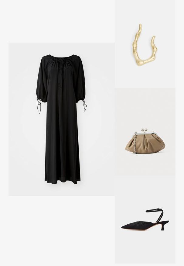 Robe longue noire avec des manches larges et un décolleté arrondi. Présente des liens à coulisse au niveau du cou et des poignets. Fabriquée en tissu léger et lisse.; Chaussure noire à talon bas et bout pointu avec dessus froncé et fine bride de cheville à boucle, vue de profil sur fond blanc.; Pochette en cuir beige clair à la forme arrondie, texture plissée, fermeture à verrou argentée et bandoulière chaîne amovible.; Bague dorée au ton or avec un design irrégulier et ondulé. Présente une surface texturée et des épaisseurs variées, ressemblant à des formes organiques.