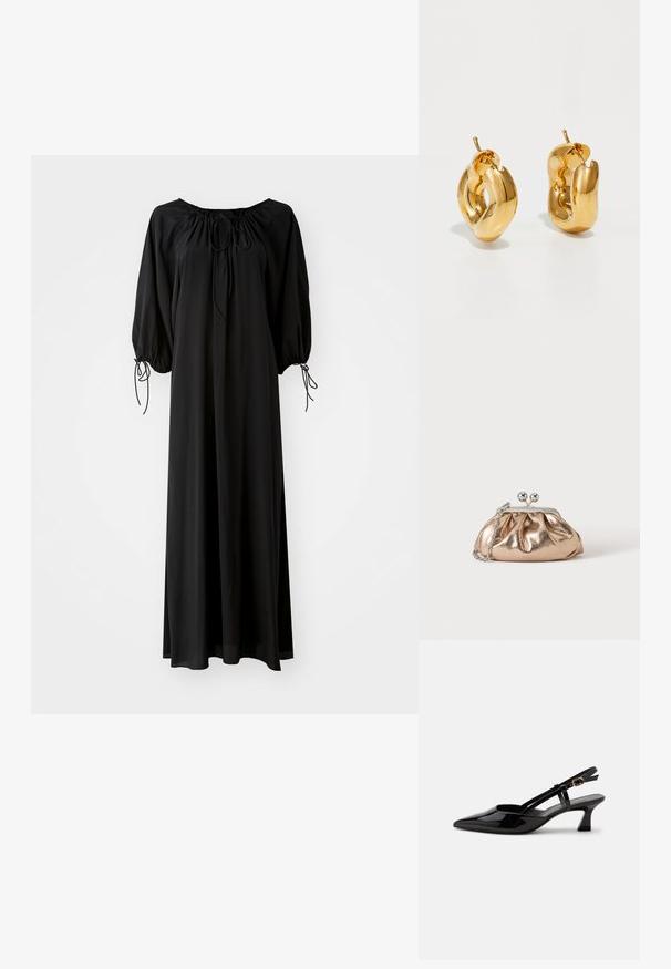 Robe longue noire avec des manches larges et un décolleté arrondi. Présente des liens à coulisse au niveau du cou et des poignets. Fabriquée en tissu léger et lisse.; Chaussure slingback en cuir verni noir à petit talon, bout pointu et bride réglable avec boucle dorée sur fond blanc.; Petit sac pochette métallique dorée avec fermoir argenté et chaîne sur un fond clair uni.; Boucles d'oreilles créoles en or massif avec un design tubulaire légèrement tordu et des fermoirs à tige sur un fond blanc.