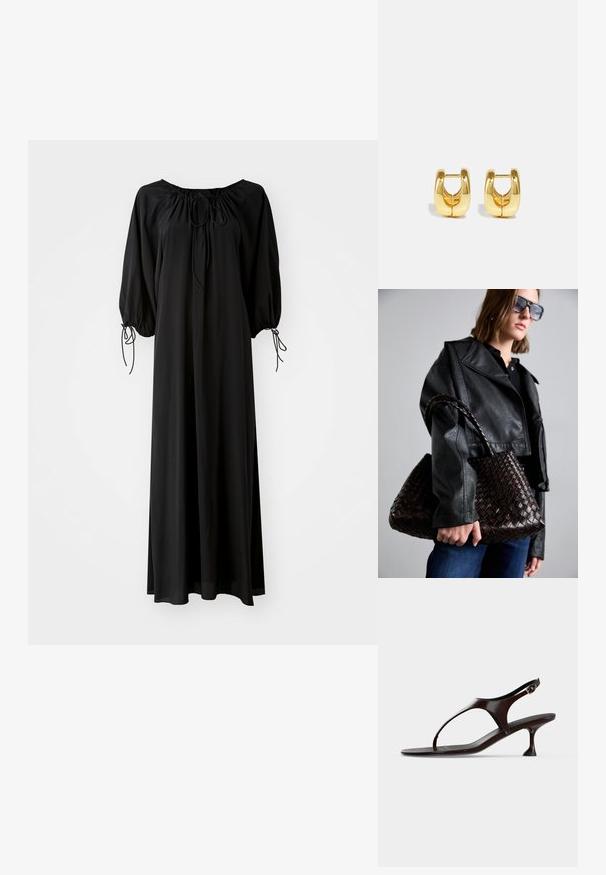 Robe longue noire avec des manches larges et un décolleté arrondi. Présente des liens à coulisse au niveau du cou et des poignets. Fabriquée en tissu léger et lisse.; Sandale slingback en cuir verni marron foncé avec petit talon et bride entre les orteils sur fond blanc.; DRAGON DIFFUSION SANTA CROCE BIG - Sac à main - dark brown; Boucles d'oreilles en or avec un design élégant et arrondi. Présentent un centre creux et une surface brillante, complétant les styles modernes.