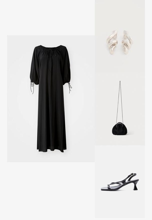 Robe longue noire avec des manches larges et un décolleté arrondi. Présente des liens à coulisse au niveau du cou et des poignets. Fabriquée en tissu léger et lisse.; Sandale femme en cuir noir avec fines lanières, bout carré, boucle de cheville réglable et talon mi-hauteur évasé.; Petit sac à main noir en fausse fourrure avec poignées tressées sur le dessus et longue bandoulière fine sur fond uni.; Boucles d'oreilles clips en métal argenté torsadé avec une finition lisse et brillante, présentant un design moderne et abstrait en spirale.