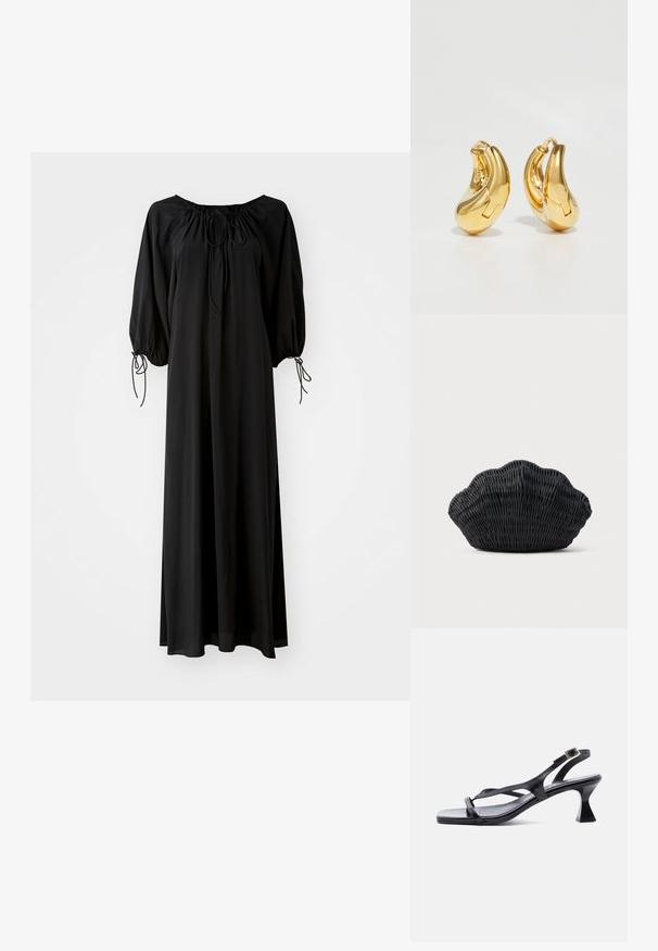 Robe longue noire avec des manches larges et un décolleté arrondi. Présente des liens à coulisse au niveau du cou et des poignets. Fabriquée en tissu léger et lisse.; Sandale femme en cuir noir avec fines lanières, bout carré, boucle de cheville réglable et talon mi-hauteur évasé.; Sac à main en osier noir en forme de coquille Saint-Jacques avec un dessus courbé et une texture tressée sur un fond uni.; Boucles d'oreilles en or en forme de d'anneaux lisses et courbés avec une finition polie. Équipées d'un mécanisme de fermeture et de légères indentations pour le détail.