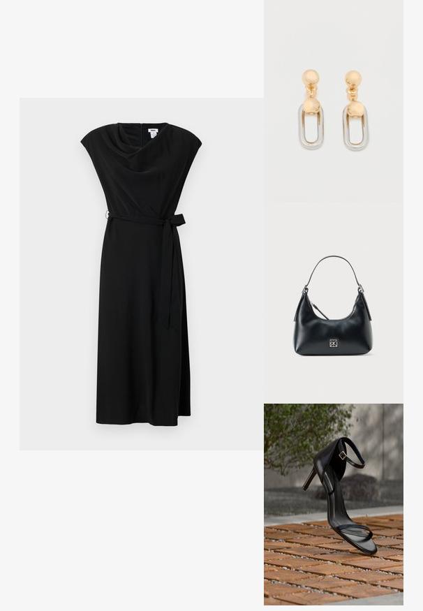 Robe noire avec un col drapé, des manches courtes à capuche, une ceinture nouée à la taille et une silhouette fluide de mi-longueur.; Sandale noire à talon haut avec sangle à la cheville, suspendue au-dessus d'un sol en carreaux de bois à l'extérieur, avec un arrière-plan flou de verdure et de pierre.; Sac à épaule en cuir noir avec une seule poignée, fermeture éclair et un petit logo carré en argent à l'avant.; Boucles d'oreilles en or et argent avec un dessus sphérique et un élément pendant ovale allongé à finition brillante.
