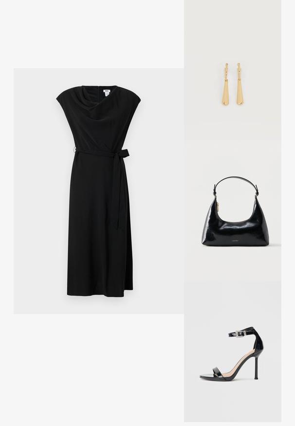 Musta mekko, jossa on koristeellinen hollantilainen kaula-aukko, lyhyet hihattomat hihat, sidottava vyö ja keskipitkä, valuva siluetti.; Musta kiiltävä nahkainen korkokengän sandaali, jossa nilkkahihna. Siinä on minimalistinen muotoilu, avoin varvas ja strassikoristeltu solki.; Musta kiiltävä Calvin Kleinin käsilaukku, jossa on kullanvärinen vetoketju ja lyhyt hihna, valkoista taustaa vasten.; Kultakullanväriset roikkuvat korvakorut, joissa on sileät, pitkulaiset pisaramaiset riipukset, jotka riippuvat pienistä rengaslukkoista valkoisella taustalla.