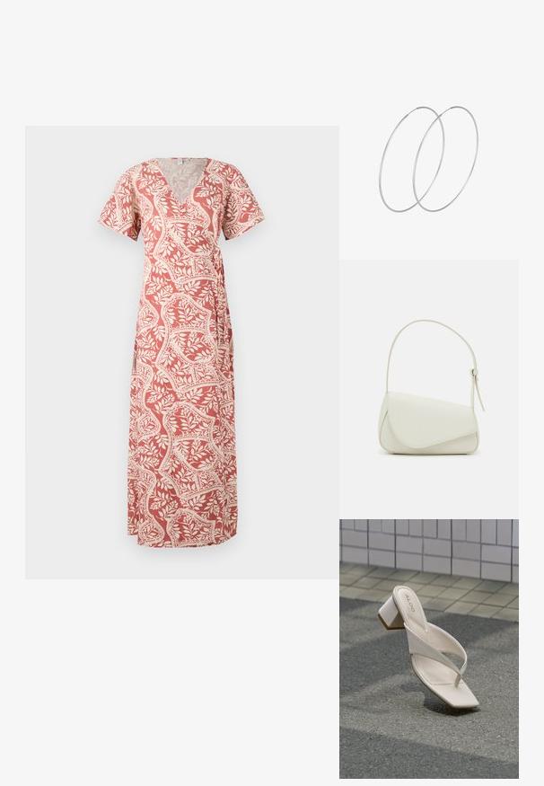 Korte wrap-stijl jurk in koraal met een bloemenpatroon in crèmekleur. Het heeft korte mouwen en een diepe V-hals, gemaakt van lichtgewicht stof.; Beige sandalet met hak, vierkante neus en gekruiste bandjes op grijs asfalt bij een achtergrond van een betegelde muur.; Witte nepleren handtas met een gestructureerde driehoekige vorm, een enkele verstelbare schouderriem en een klep met ronde accenten.; Zilveren hoepel oorbellen met een minimalistisch ontwerp. Cirkelvormig, gladde textuur en dun profiel. Lichtgewicht met een gepolijste afwerking.