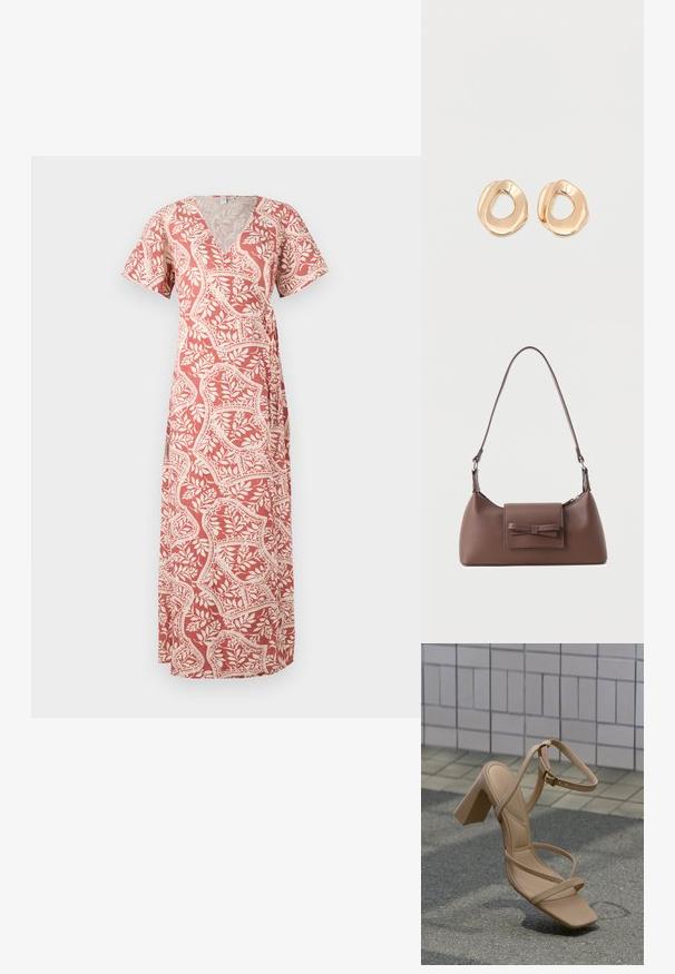 Korte wrap-stijl jurk in koraal met een bloemenpatroon in crèmekleur. Het heeft korte mouwen en een diepe V-hals, gemaakt van lichtgewicht stof.; Beige sandaal met blokhak, dunne bandjes en een enkelsluiting, rustend op een grijze stoep voor een betegelde muur.; Bruine leren schoudertas met een voorvak met klep en een gestikte strikdetail en een verstelbare band.; Set van onregelmatig gevormde, gepolijste hoepel oorbellen van goudkleurig metaal met een open midden op een effen witte achtergrond.