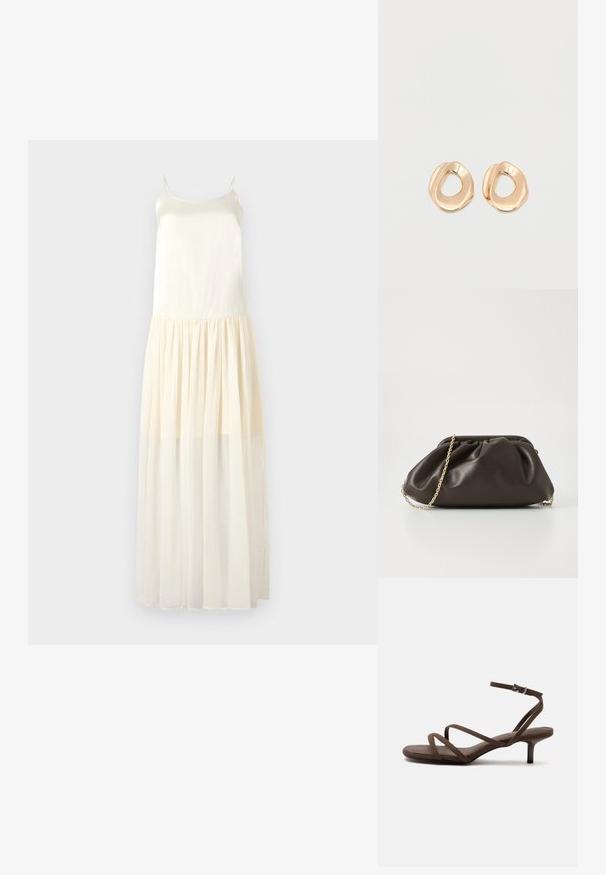 Vestido largo con tirantes finos, parte superior en tela similar a la seda y una falda de gasa fluida y en capas de color beige claro.; Sandalia marrón de tacón alto con tiras finas cruzadas y una correa en el tobillo con una hebilla plateada sobre un fondo blanco.; Bolso de mano de cuero marrón con un diseño fruncido, correa de cadena dorada y un acabado suave y texturizado. Forma compacta adecuada para uso nocturno.; Par de pendientes de aro de metal en tono dorado pulido, de forma irregular y con centro abierto, sobre un fondo blanco liso.