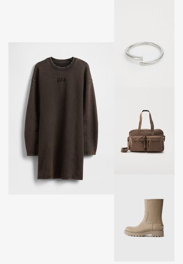 Bruine oversized sweatshirtjurk gemaakt van zacht materiaal, met een ronde halslijn en een geborduurd "GAP"-logo op de borst.; Beige rubberen enkellaarsjes met een gladde afwerking, rond neus en een gestructureerde zool. Beschikt over een zijpaneel en logo-detail op de hak.; Bruine corduroy schouder- en handtas met twee voorvakken met rits, dubbele handgrepen en een verstelbare zijriem op een witte achtergrond.; Calvin Klein SPIRAL - Armband - silver-coloured