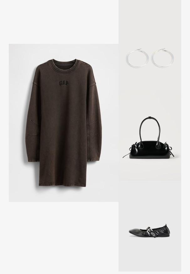 Bruine oversized sweatshirtjurk gemaakt van zacht materiaal, met een ronde halslijn en een geborduurd "GAP"-logo op de borst.; Zwarte leren platte schoen met een spitse neus, geplooide details rond de opening en een zilveren gespaccentueerde verstelbare band.; Kleine zwarte glanzende handtas met twee lange hengsels en zijkant trekkoord details op een effen lichte achtergrond.; Een paar glanzende zilveren oorringen met dunne draadafsluitingen, getoond op een lichtgrijze achtergrond.