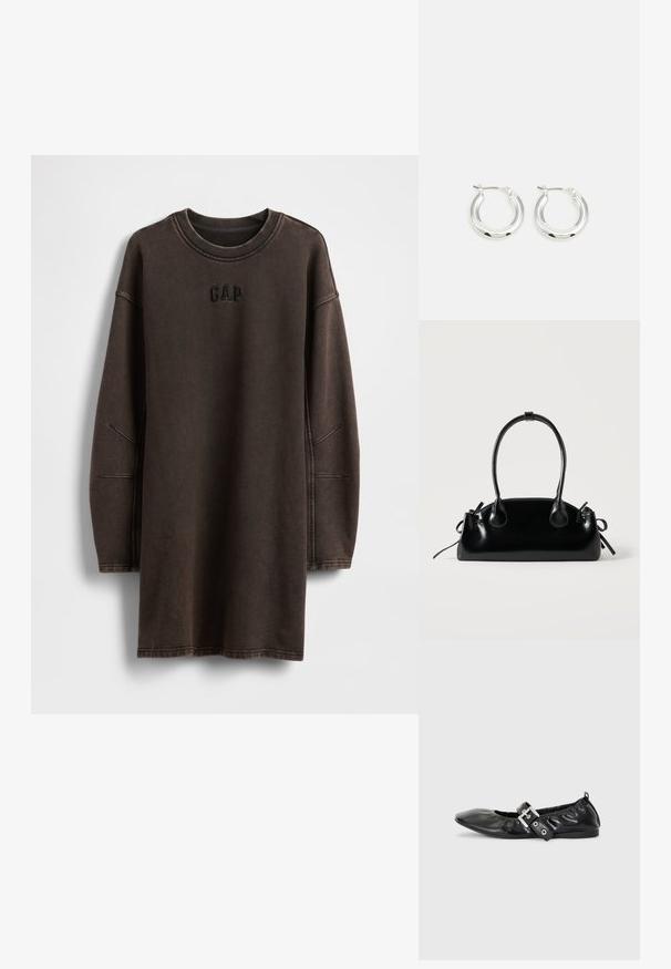 Bruine oversized sweatshirtjurk gemaakt van zacht materiaal, met een ronde halslijn en een geborduurd "GAP"-logo op de borst.; Zwarte leren platte schoen met een spitse neus, geplooide details rond de opening en een zilveren gespaccentueerde verstelbare band.; Kleine zwarte glanzende handtas met twee lange hengsels en zijkant trekkoord details op een effen lichte achtergrond.; Zilveren oorbellen in de vorm van een ring met een gepolijste afwerking, met een cirkelvorm en een scharnierende postsluiting. Glad oppervlak met minimale details.