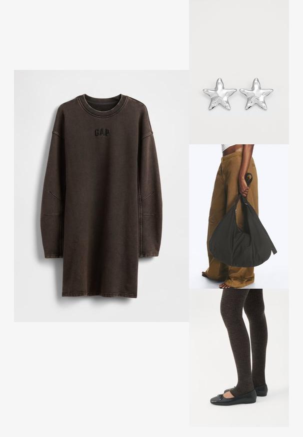 Vestido sudadera marrón de gran tamaño hecho de material suave, con cuello redondo y logo bordado "GAP" en el pecho.; Piernas con leggings oscuros acanalados combinados con bailarinas negras que presentan pequeños detalles de lazo sobre un fondo blanco.; Persona con pantalones marrones de pata ancha y top blanco sosteniendo un gran bolso negro blando por la correa a su lado.; Pendientes en forma de estrella plateada con una superficie pulida y brillante. Cada pendiente presenta cinco puntas y sutiles detalles de textura en la superficie.