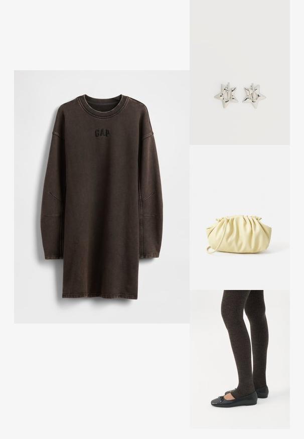 Bruine oversized sweatshirtjurk gemaakt van zacht materiaal, met een ronde halslijn en een geborduurd "GAP"-logo op de borst.; Benen met donkere geribbelde leggings gecombineerd met zwarte ballerina's met kleine strikdetails op een witte achtergrond.; Geel geplooide handtas van soepel nepleer, met een zachte vorm, een enkele schouderriem en een verzameld ontwerp aan de bovenkant.; Zilverkleurige stervormige oorringen met een gladde, gepolijste afwerking op een effen witte achtergrond.
