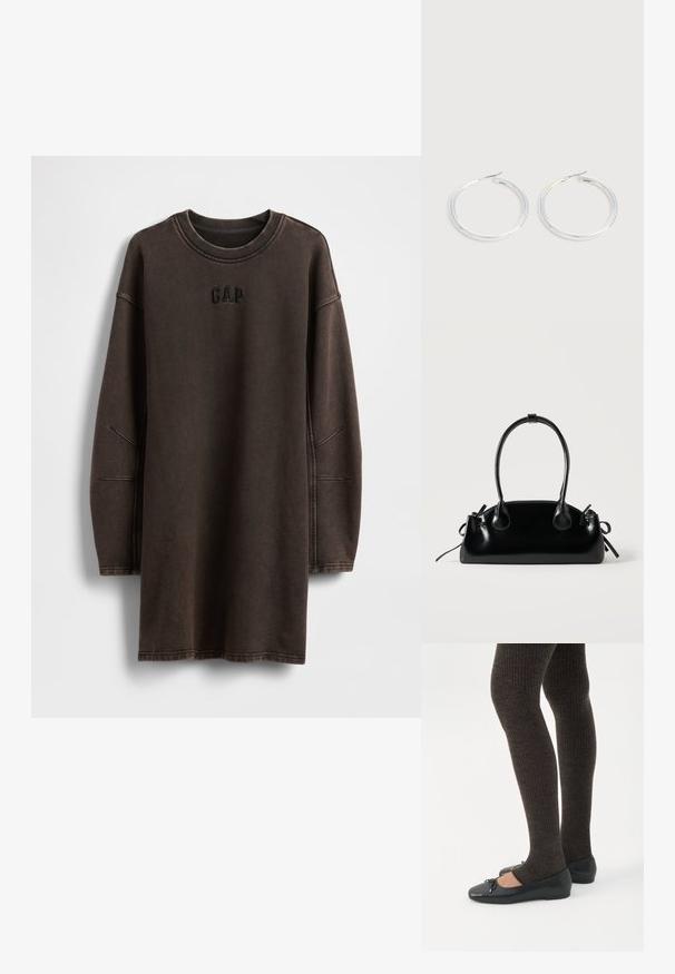 Bruine oversized sweatshirtjurk gemaakt van zacht materiaal, met een ronde halslijn en een geborduurd "GAP"-logo op de borst.; Benen met donkere geribbelde leggings gecombineerd met zwarte ballerina's met kleine strikdetails op een witte achtergrond.; Kleine zwarte glanzende handtas met twee lange hengsels en zijkant trekkoord details op een effen lichte achtergrond.; Een paar glanzende zilveren oorringen met dunne draadafsluitingen, getoond op een lichtgrijze achtergrond.