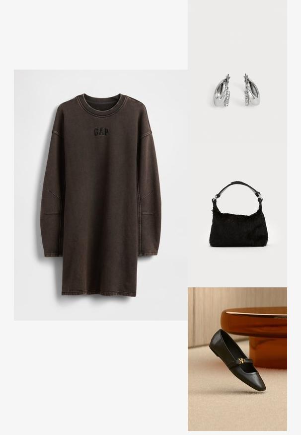 Bruine oversized sweatshirtjurk gemaakt van zacht materiaal, met een ronde halslijn en een geborduurd "GAP"-logo op de borst.; Zwarte leren platte schoen met puntige neus en gouden CK-logo op het bandje, geplaatst op een beige tapijt bij een ronde amberbruine tafel.; Zwarte neplederen handtas met een zachte textuur, ronde vorm en een stevige zwartleren schouderband. Zilveren hardwareaccenten zichtbaar.; Een paar zilveren oorringen met een klein rijtje heldere strass-steentjes aan de voorkant, weergegeven op een effen lichtgrijze achtergrond.