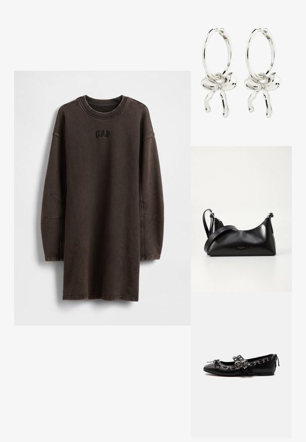 Bruine oversized sweatshirtjurk gemaakt van zacht materiaal, met een ronde halslijn en een geborduurd "GAP"-logo op de borst.; Zwarte platte balletschoen met dubbele gespsluitingen, zilveren oogjes en een klein strikje nabij de afgeronde neus op een witte achtergrond.; Zwarte leren handtas met een gladde textuur. Beschikt over een verstelbare schouderband en een strak, minimalistisch ontwerp met een ritssluiting.; Zilveren hoepel oorbellen met een strikdetail in het midden, die een glanzende afwerking en een gladde textuur tonen.