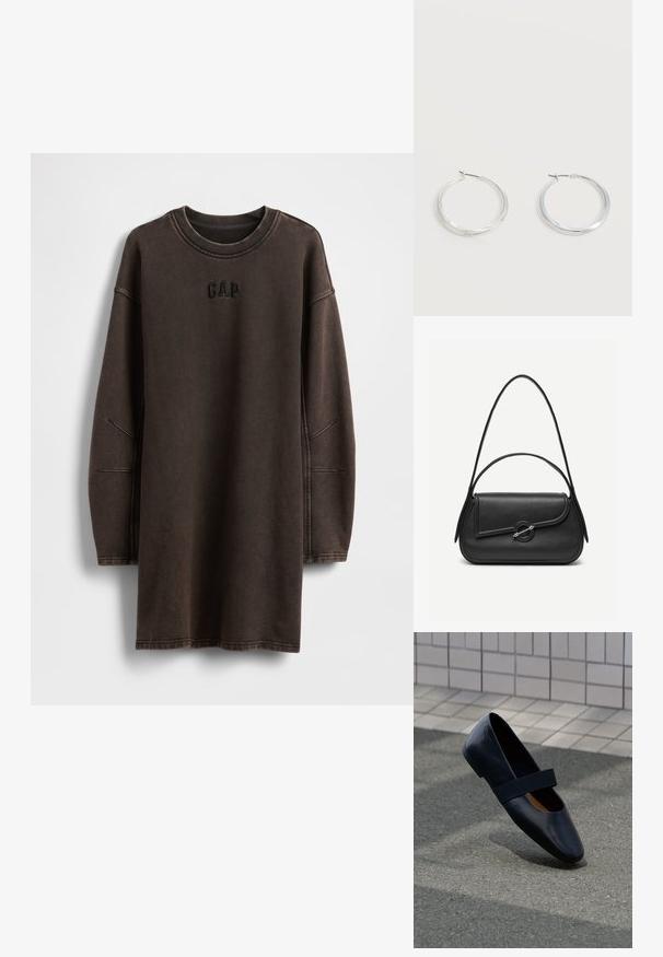 Vestido sudadera marrón de gran tamaño hecho de material suave, con cuello redondo y logo bordado "GAP" en el pecho.; Zapato plano de cuero negro con punta redonda, que presenta una suave correa elástica negra sobre la parte superior. Textura suave y diseño minimalista.; Bolso de cuero negro con bordes redondeados, solapa asimétrica, cierre circular de metal y correas de hombro cortas y largas.; Pendientes de aro de metal plateado con superficie lisa y ligeramente curvada y cierre de tipo mosquetón sobre un fondo blanco liso.