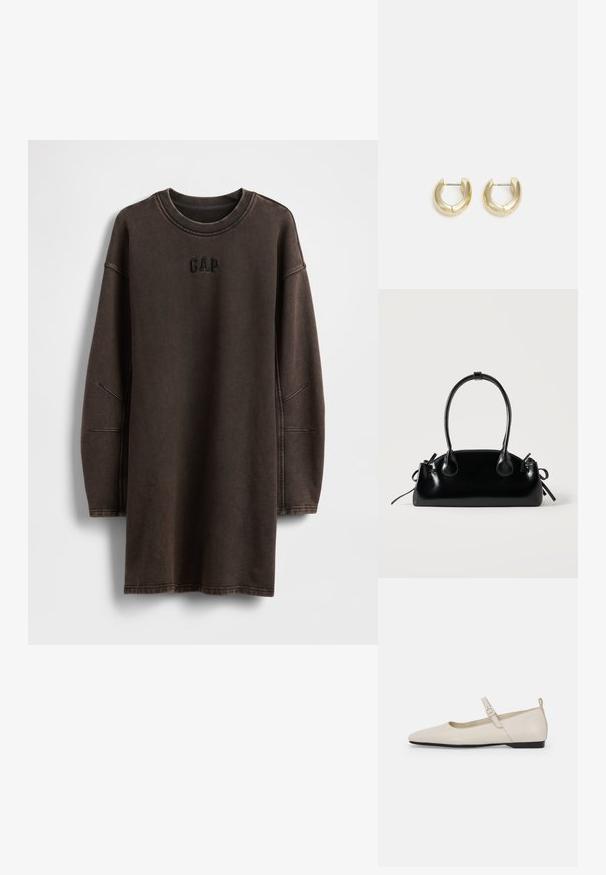 Brun oversized sweatshirt-kjole lavet af blødt materiale, med rund halsudskæring og broderet "GAP"-logo på brystet.; Hvide ballerinasko i læder med spids tå, ankelsnor og lav sort hæl. Glat tekstur med minimale detaljer.; Lille sort blank håndtaske med to lange håndtag og snøre-detaljer i siden på en ensfarvet lys baggrund.; Guld-tone hoop øreringe med en glat, poleret overflade. Har en halvcirkelform og en sikker stiftlukning.